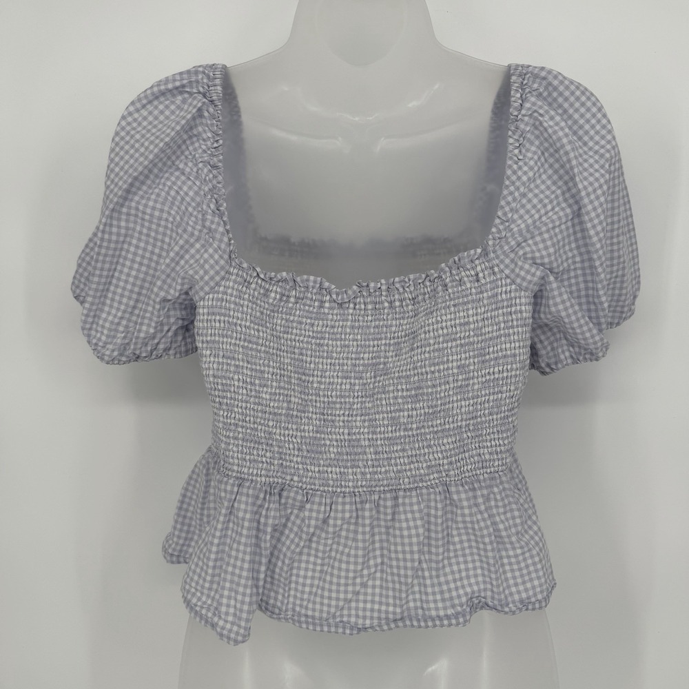 J.Crew Sz M Squareneck Smocked Gingham Top Cotton Puff Sleeve Blouse Cottagecore - Picture 4 of 7